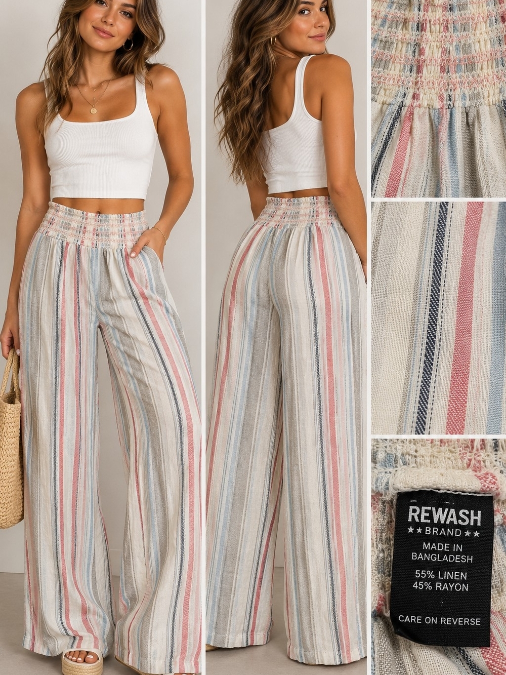 NWT REWASH Linen Blend Striped Wide Leg Palazzo Pants XS